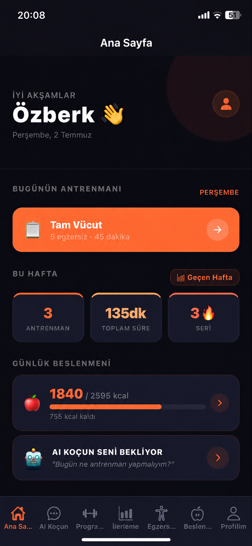 Örnek verilerle ana sayfa ekranı